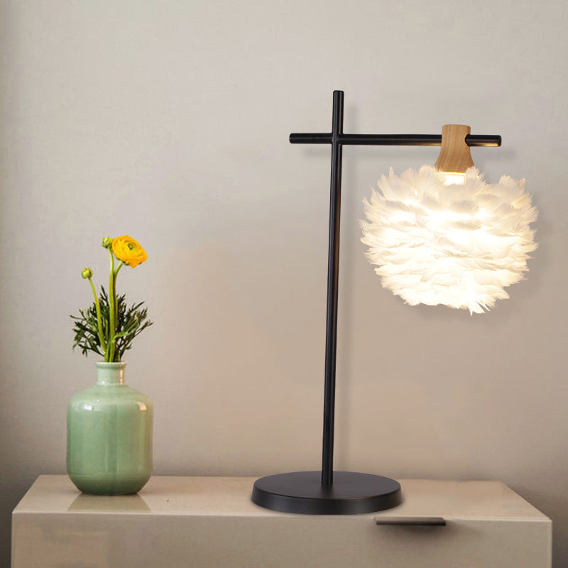Nordic Mini Globe Night Light Feather 1-Light Bedroom Table Lamp with Cross Arm in Black-White Clearhalo 'Lamps' 'Table Lamps' Lighting' 1986617