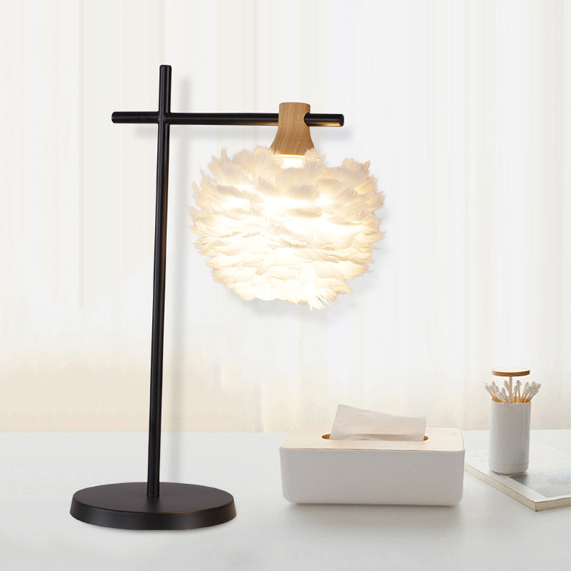 Nordic Mini Globe Night Light Feather 1-Light Bedroom Table Lamp with Cross Arm in Black-White Clearhalo 'Lamps' 'Table Lamps' Lighting' 1986618