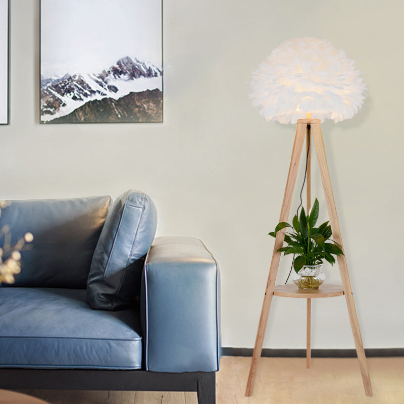 Wood Shelf Floor Lamp Nordic 1 Bulb Tripod Standing Floor Light with Dome Feather Shade in Grey/White White Clearhalo 'Floor Lamps' 'Lamps' Lighting' 1986621