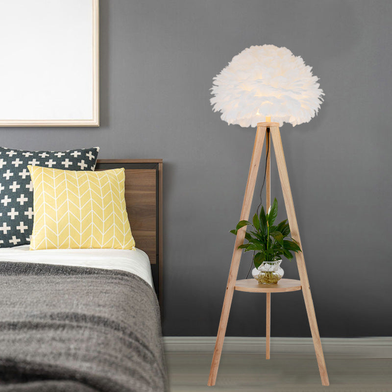 Wood Shelf Floor Lamp Nordic 1 Bulb Tripod Standing Floor Light with Dome Feather Shade in Grey/White Clearhalo 'Floor Lamps' 'Lamps' Lighting' 1986622
