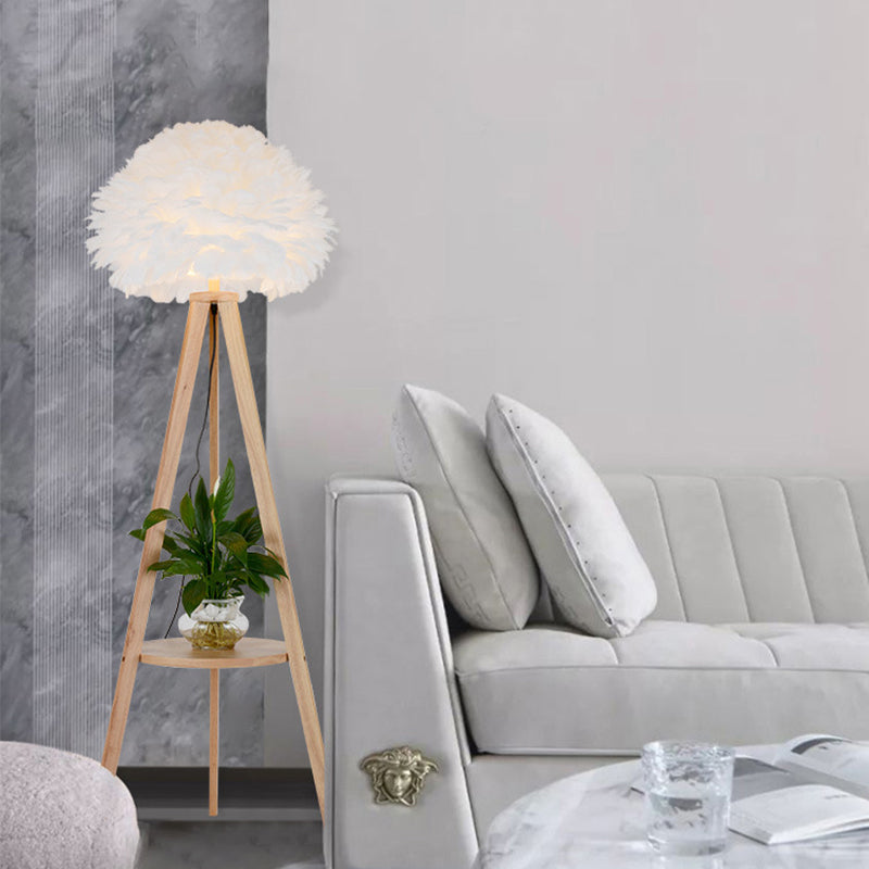 Wood Shelf Floor Lamp Nordic 1 Bulb Tripod Standing Floor Light with Dome Feather Shade in Grey/White Clearhalo 'Floor Lamps' 'Lamps' Lighting' 1986623