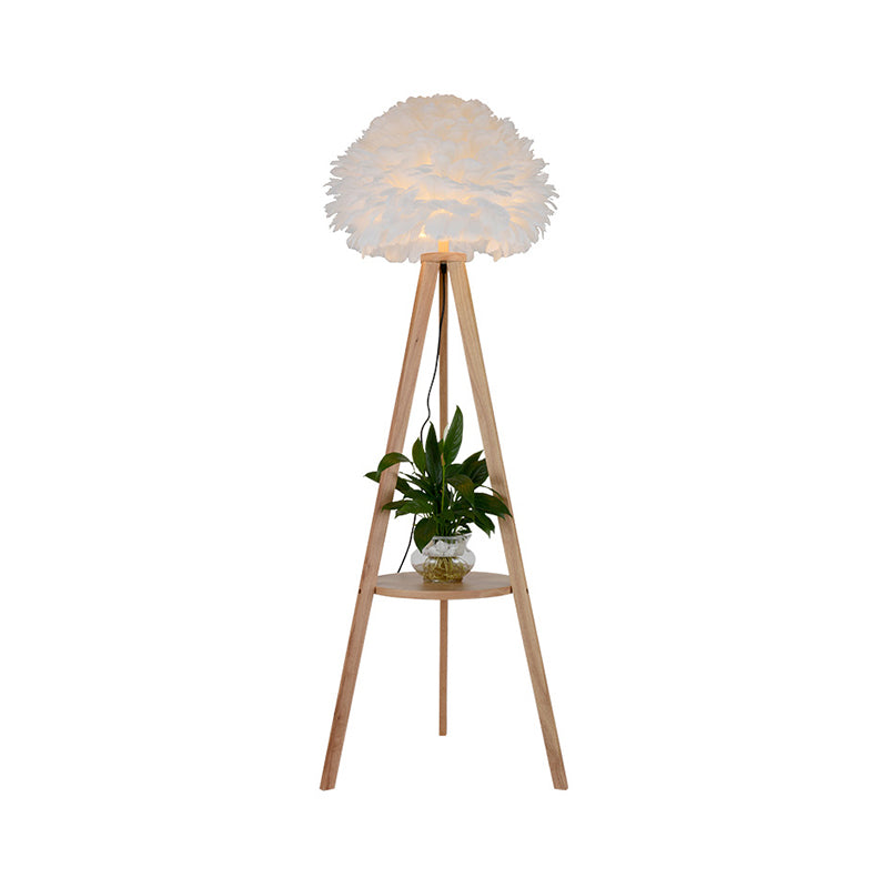 Wood Shelf Floor Lamp Nordic 1 Bulb Tripod Standing Floor Light with Dome Feather Shade in Grey/White Clearhalo 'Floor Lamps' 'Lamps' Lighting' 1986624
