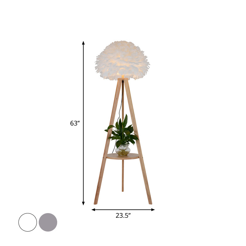 Wood Shelf Floor Lamp Nordic 1 Bulb Tripod Standing Floor Light with Dome Feather Shade in Grey/White Clearhalo 'Floor Lamps' 'Lamps' Lighting' 1986625