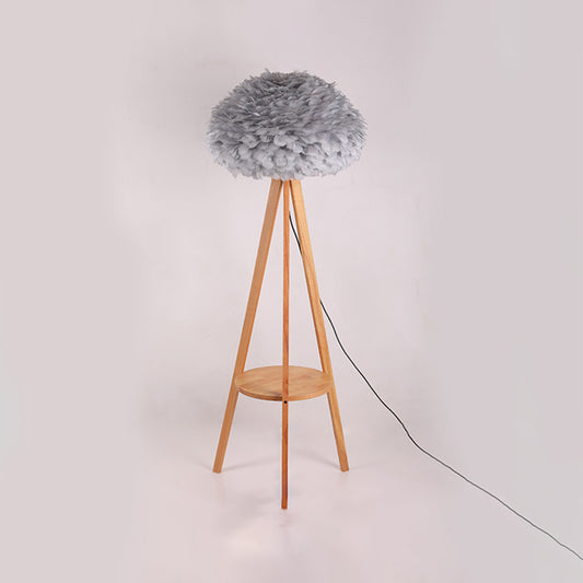 Wood Shelf Floor Lamp Nordic 1 Bulb Tripod Standing Floor Light with Dome Feather Shade in Grey/White Grey Clearhalo 'Floor Lamps' 'Lamps' Lighting' 1986626
