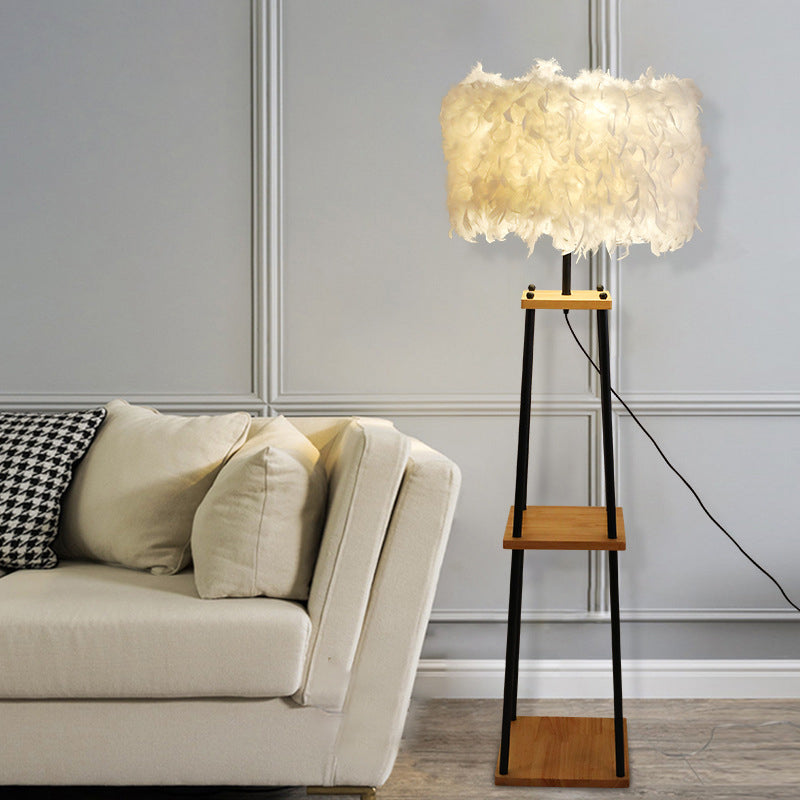 Nordic 2-Tier Shelf Floor Light Wooden Single Living Room Floor Standing Lamp with Dome/Drum Feather Shade in Grey/White Clearhalo 'Floor Lamps' 'Lamps' Lighting' 1986628