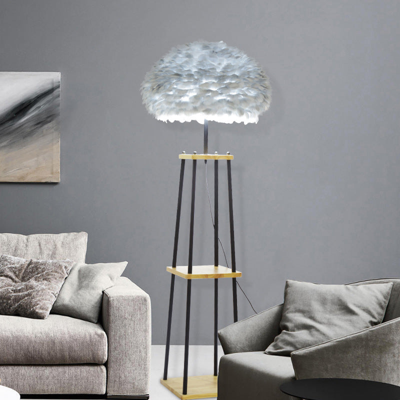 Nordic 2-Tier Shelf Floor Light Wooden Single Living Room Floor Standing Lamp with Dome/Drum Feather Shade in Grey/White Grey Clearhalo 'Floor Lamps' 'Lamps' Lighting' 1986631