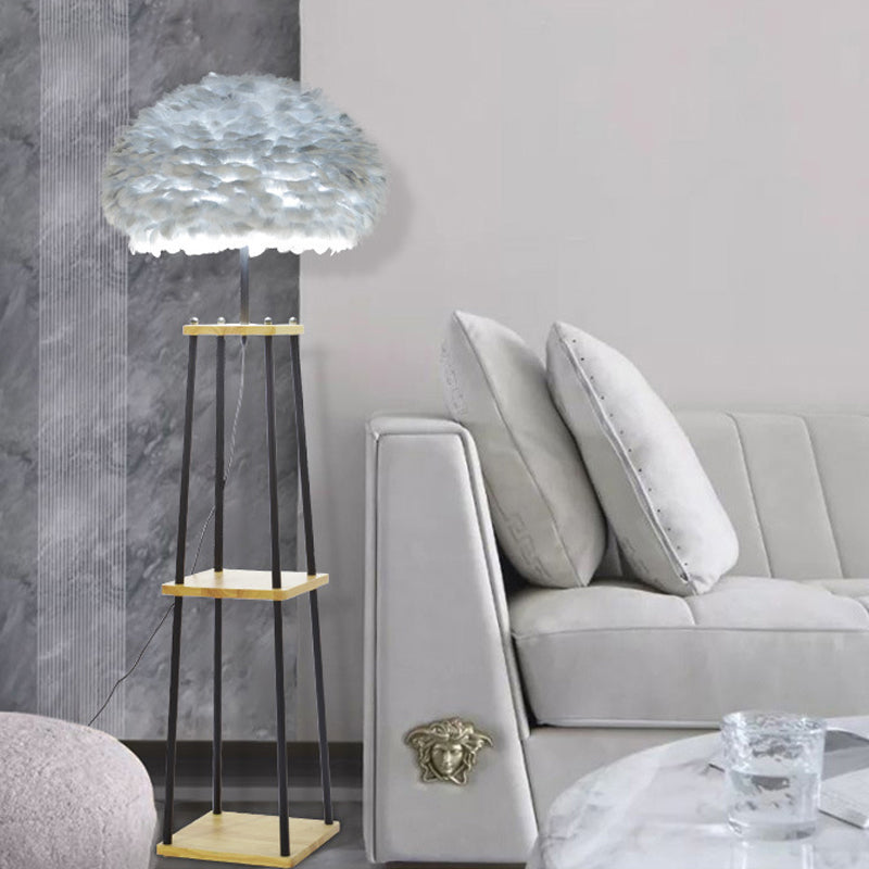 Nordic 2-Tier Shelf Floor Light Wooden Single Living Room Floor Standing Lamp with Dome/Drum Feather Shade in Grey/White Clearhalo 'Floor Lamps' 'Lamps' Lighting' 1986632