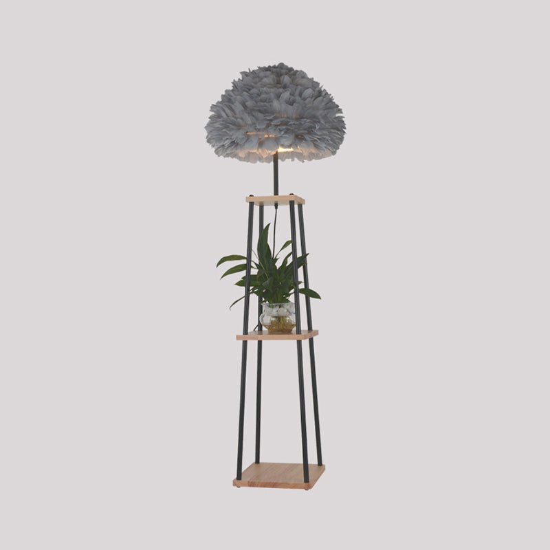 Nordic 2-Tier Shelf Floor Light Wooden Single Living Room Floor Standing Lamp with Dome/Drum Feather Shade in Grey/White Clearhalo 'Floor Lamps' 'Lamps' Lighting' 1986634