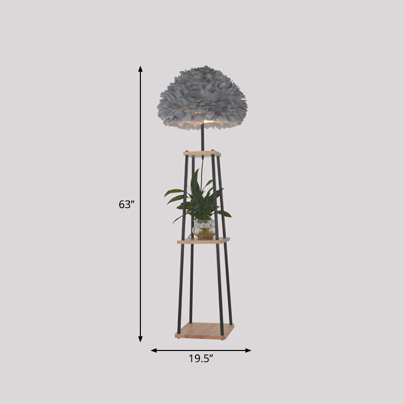 Nordic 2-Tier Shelf Floor Light Wooden Single Living Room Floor Standing Lamp with Dome/Drum Feather Shade in Grey/White Clearhalo 'Floor Lamps' 'Lamps' Lighting' 1986635