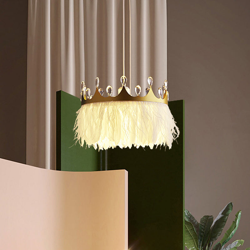 Crown Shaped Kids Bedroom Pendant Lamp Feather 1-Light Nordic Hanging Light Fixture in Gold, 16"/19.5" W Gold Clearhalo 'Ceiling Lights' 'Modern Pendants' 'Modern' 'Pendant Lights' 'Pendants' Lighting' 1986683