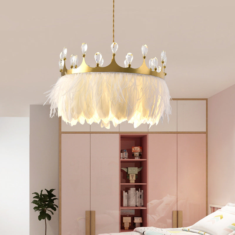 Crown Shaped Kids Bedroom Pendant Lamp Feather 1-Light Nordic Hanging Light Fixture in Gold, 16"/19.5" W Clearhalo 'Ceiling Lights' 'Modern Pendants' 'Modern' 'Pendant Lights' 'Pendants' Lighting' 1986684