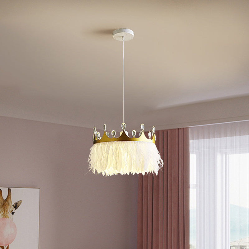 Crown Shaped Kids Bedroom Pendant Lamp Feather 1-Light Nordic Hanging Light Fixture in Gold, 16"/19.5" W Clearhalo 'Ceiling Lights' 'Modern Pendants' 'Modern' 'Pendant Lights' 'Pendants' Lighting' 1986685