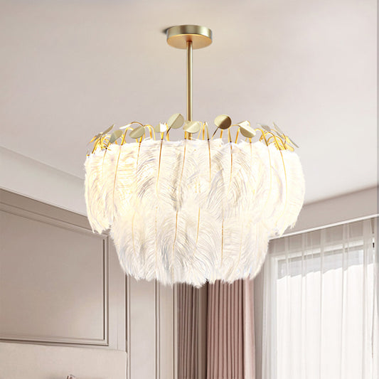 2-Tier Feather Chandelier Lamp Modern 3-Head Gold Suspended Lighting Fixture for Bedroom Clearhalo 'Ceiling Lights' 'Chandeliers' 'Modern Chandeliers' 'Modern' Lighting' 1986690