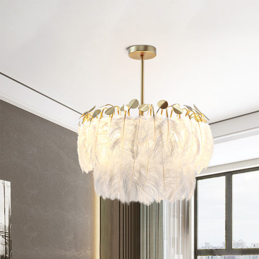 2-Tier Feather Chandelier Lamp Modern 3-Head Gold Suspended Lighting Fixture for Bedroom Clearhalo 'Ceiling Lights' 'Chandeliers' 'Modern Chandeliers' 'Modern' Lighting' 1986691