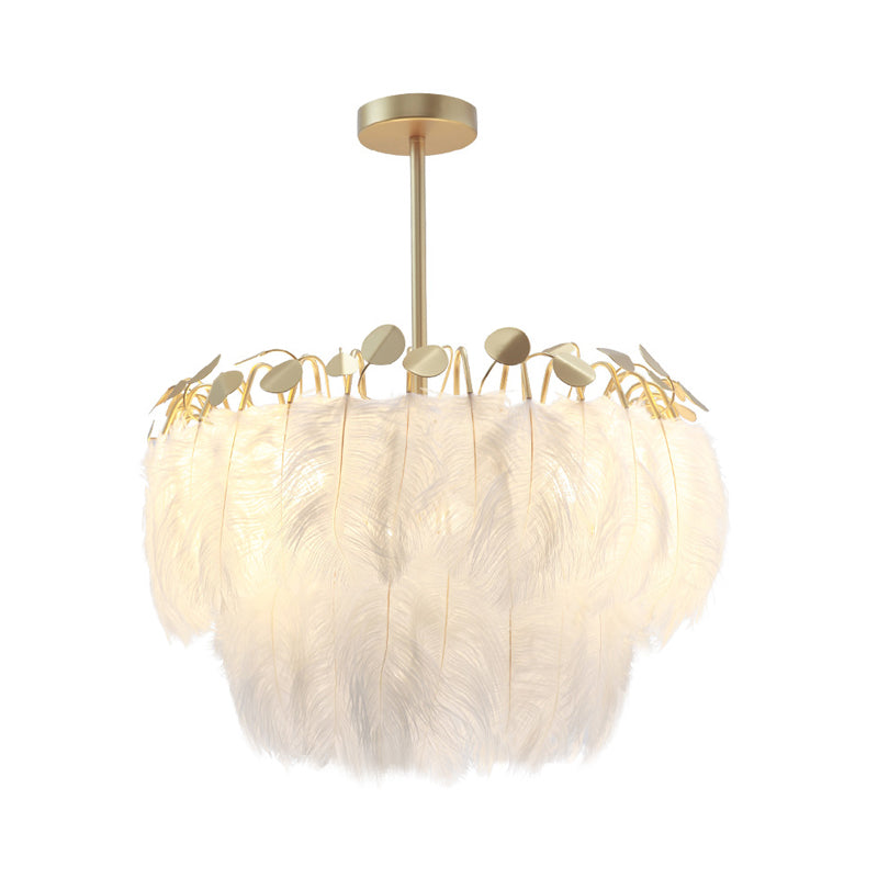 2-Tier Feather Chandelier Lamp Modern 3-Head Gold Suspended Lighting Fixture for Bedroom Clearhalo 'Ceiling Lights' 'Chandeliers' 'Modern Chandeliers' 'Modern' Lighting' 1986692