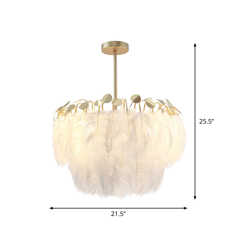 2-Tier Feather Chandelier Lamp Modern 3-Head Gold Suspended Lighting Fixture for Bedroom Clearhalo 'Ceiling Lights' 'Chandeliers' 'Modern Chandeliers' 'Modern' Lighting' 1986693