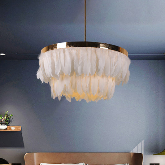 16"/19.5" W Tiered Tapered Chandelier Nordic Feather 3 Bulbs Grey/White/Red Ceiling Pendant Light for Bedroom White Clearhalo 'Ceiling Lights' 'Chandeliers' 'Modern Chandeliers' 'Modern' Lighting' 1986694
