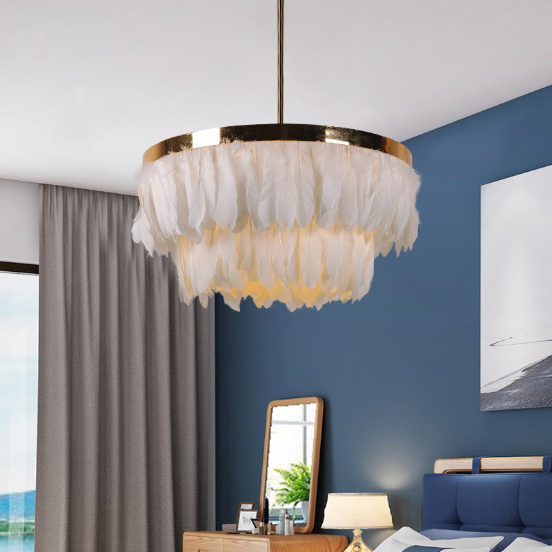16"/19.5" W Tiered Tapered Chandelier Nordic Feather 3 Bulbs Grey/White/Red Ceiling Pendant Light for Bedroom Clearhalo 'Ceiling Lights' 'Chandeliers' 'Modern Chandeliers' 'Modern' Lighting' 1986695