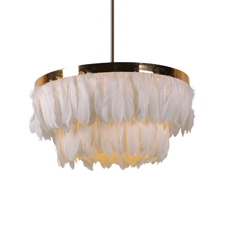 16"/19.5" W Tiered Tapered Chandelier Nordic Feather 3 Bulbs Grey/White/Red Ceiling Pendant Light for Bedroom Clearhalo 'Ceiling Lights' 'Chandeliers' 'Modern Chandeliers' 'Modern' Lighting' 1986696