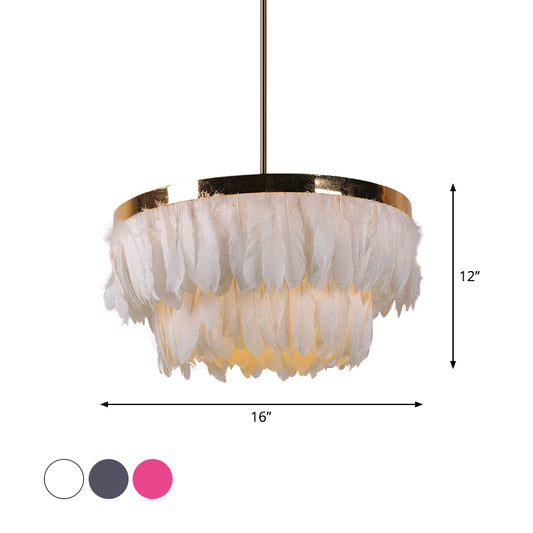 16"/19.5" W Tiered Tapered Chandelier Nordic Feather 3 Bulbs Grey/White/Red Ceiling Pendant Light for Bedroom Clearhalo 'Ceiling Lights' 'Chandeliers' 'Modern Chandeliers' 'Modern' Lighting' 1986698