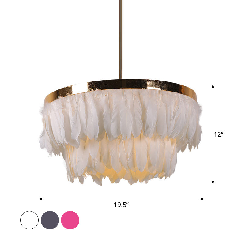 16"/19.5" W Tiered Tapered Chandelier Nordic Feather 3 Bulbs Grey/White/Red Ceiling Pendant Light for Bedroom Clearhalo 'Ceiling Lights' 'Chandeliers' 'Modern Chandeliers' 'Modern' Lighting' 1986699