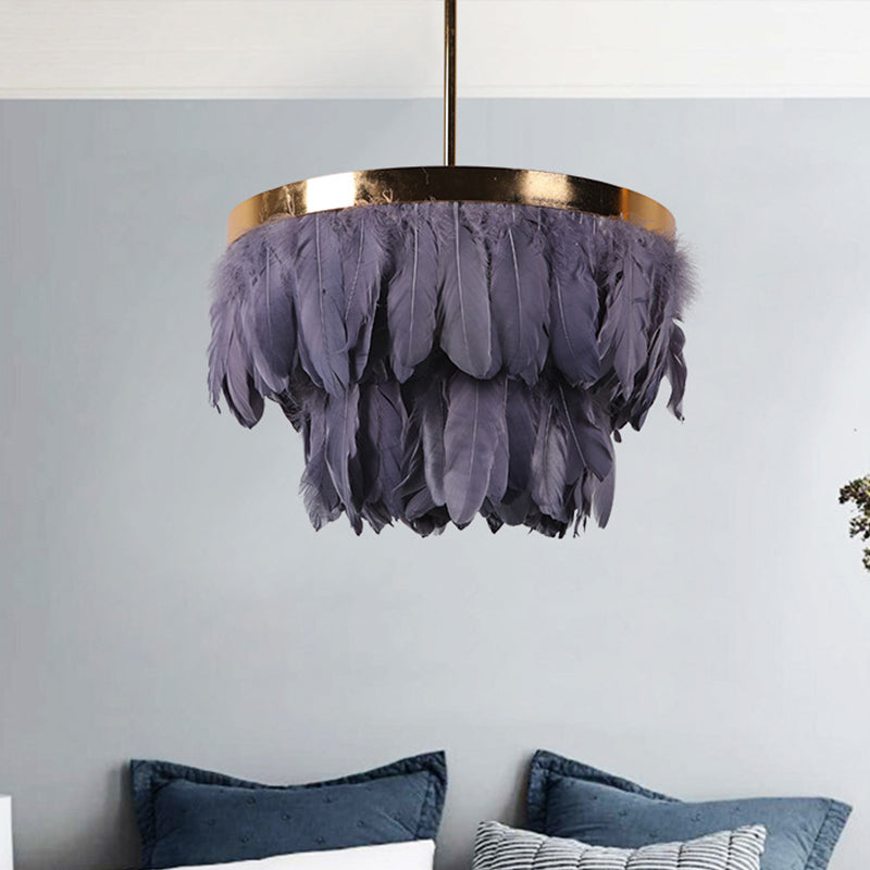 16"/19.5" W Tiered Tapered Chandelier Nordic Feather 3 Bulbs Grey/White/Red Ceiling Pendant Light for Bedroom Grey Clearhalo 'Ceiling Lights' 'Chandeliers' 'Modern Chandeliers' 'Modern' Lighting' 1986700