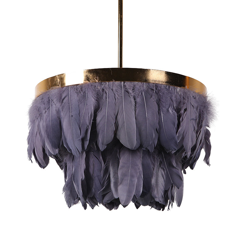 16"/19.5" W Tiered Tapered Chandelier Nordic Feather 3 Bulbs Grey/White/Red Ceiling Pendant Light for Bedroom Clearhalo 'Ceiling Lights' 'Chandeliers' 'Modern Chandeliers' 'Modern' Lighting' 1986702