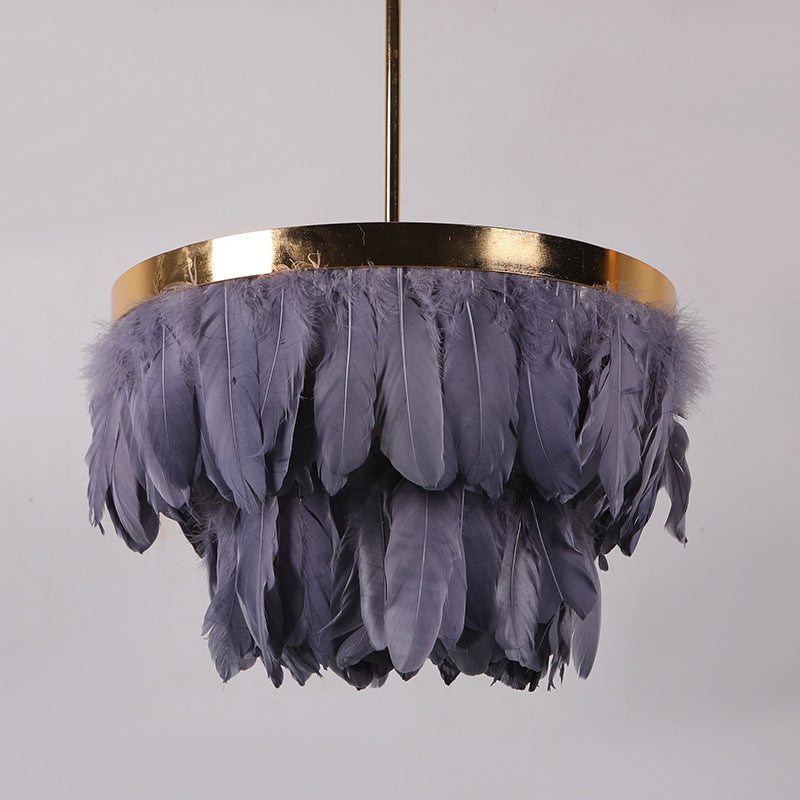16"/19.5" W Tiered Tapered Chandelier Nordic Feather 3 Bulbs Grey/White/Red Ceiling Pendant Light for Bedroom Clearhalo 'Ceiling Lights' 'Chandeliers' 'Modern Chandeliers' 'Modern' Lighting' 1986703