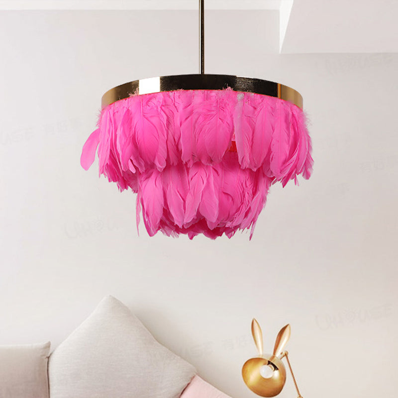 16"/19.5" W Tiered Tapered Chandelier Nordic Feather 3 Bulbs Grey/White/Red Ceiling Pendant Light for Bedroom Red Clearhalo 'Ceiling Lights' 'Chandeliers' 'Modern Chandeliers' 'Modern' Lighting' 1986704