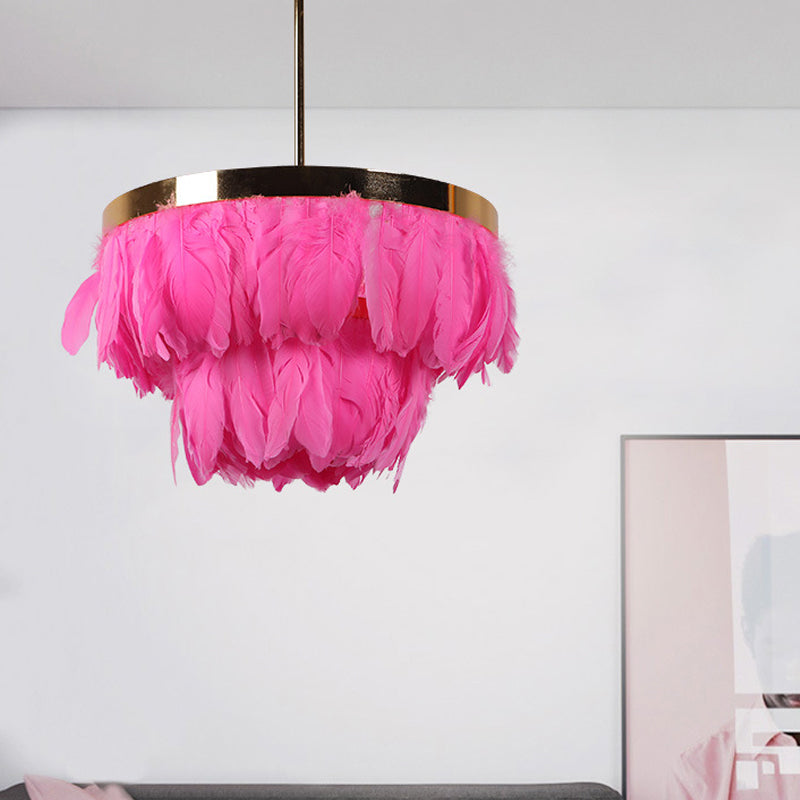 16"/19.5" W Tiered Tapered Chandelier Nordic Feather 3 Bulbs Grey/White/Red Ceiling Pendant Light for Bedroom Clearhalo 'Ceiling Lights' 'Chandeliers' 'Modern Chandeliers' 'Modern' Lighting' 1986705