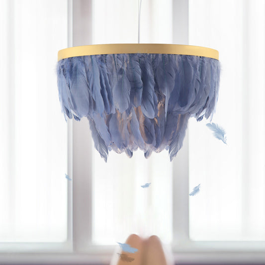 Postmodern Layered Hanging Light Kit Feather 1 Head Dining Room Drop Pendant in White/Blue Blue Clearhalo 'Ceiling Lights' 'Modern Pendants' 'Modern' 'Pendant Lights' 'Pendants' Lighting' 1986714