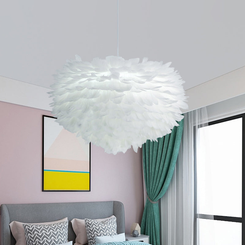 Hemispherical Feather Drop Pendant Simplicity 1-Light Grey/White/Pink Hanging Lamp for Bedroom White Clearhalo 'Ceiling Lights' 'Modern Pendants' 'Modern' 'Pendant Lights' 'Pendants' Lighting' 1986729