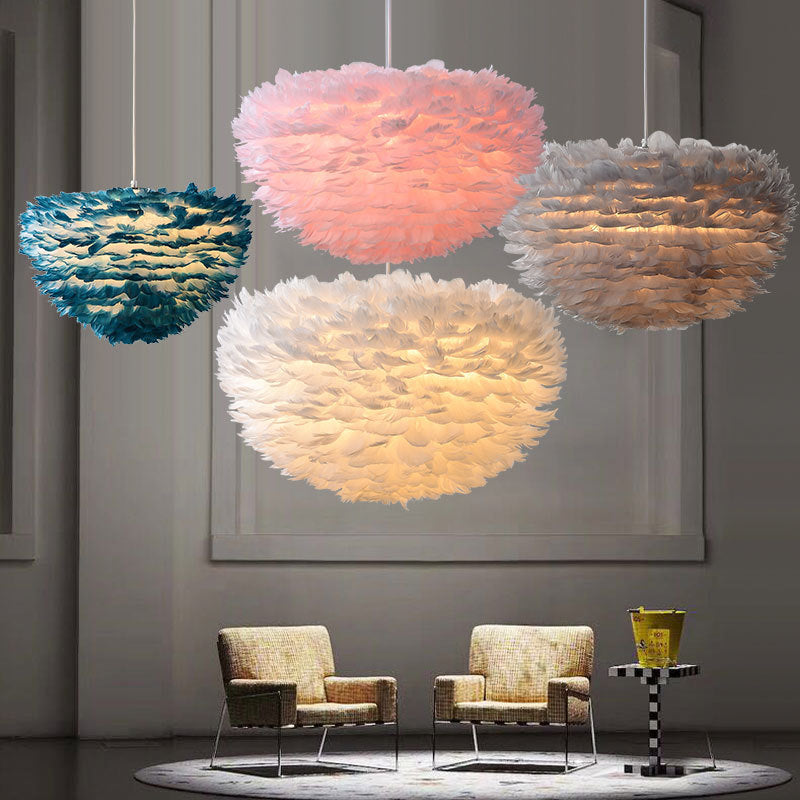 Hemispherical Feather Drop Pendant Simplicity 1-Light Grey/White/Pink Hanging Lamp for Bedroom Clearhalo 'Ceiling Lights' 'Modern Pendants' 'Modern' 'Pendant Lights' 'Pendants' Lighting' 1986730