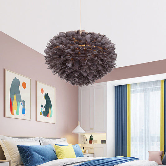 Hemispherical Feather Drop Pendant Simplicity 1-Light Grey/White/Pink Hanging Lamp for Bedroom Grey Clearhalo 'Ceiling Lights' 'Modern Pendants' 'Modern' 'Pendant Lights' 'Pendants' Lighting' 1986734