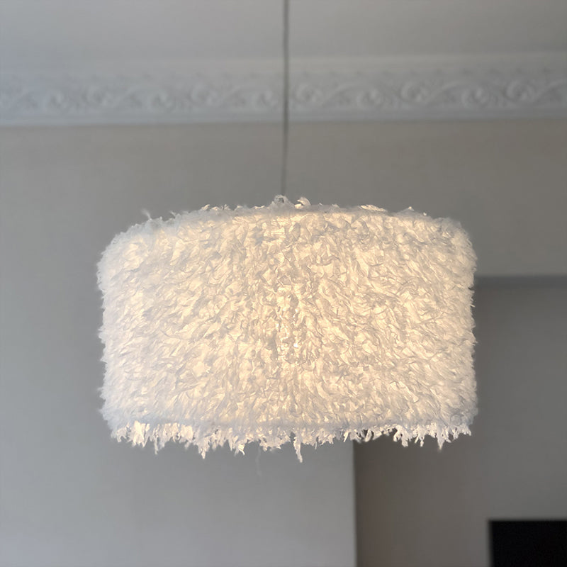 Nordic 1 Bulb Ceiling Suspension Lamp Pink/White Cylindrical/Drum Drop Pendant with Feather Shade, 5.5"/8"/14" W Clearhalo 'Ceiling Lights' 'Modern Pendants' 'Modern' 'Pendant Lights' 'Pendants' Lighting' 1986741