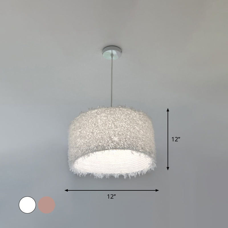 Nordic 1 Bulb Ceiling Suspension Lamp Pink/White Cylindrical/Drum Drop Pendant with Feather Shade, 5.5"/8"/14" W Clearhalo 'Ceiling Lights' 'Modern Pendants' 'Modern' 'Pendant Lights' 'Pendants' Lighting' 1986744