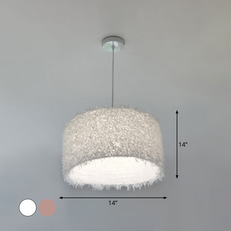 Nordic 1 Bulb Ceiling Suspension Lamp Pink/White Cylindrical/Drum Drop Pendant with Feather Shade, 5.5"/8"/14" W Clearhalo 'Ceiling Lights' 'Modern Pendants' 'Modern' 'Pendant Lights' 'Pendants' Lighting' 1986745