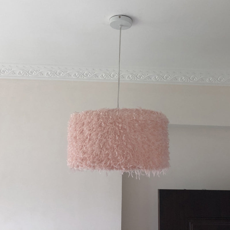 Nordic 1 Bulb Ceiling Suspension Lamp Pink/White Cylindrical/Drum Drop Pendant with Feather Shade, 5.5"/8"/14" W Clearhalo 'Ceiling Lights' 'Modern Pendants' 'Modern' 'Pendant Lights' 'Pendants' Lighting' 1986747