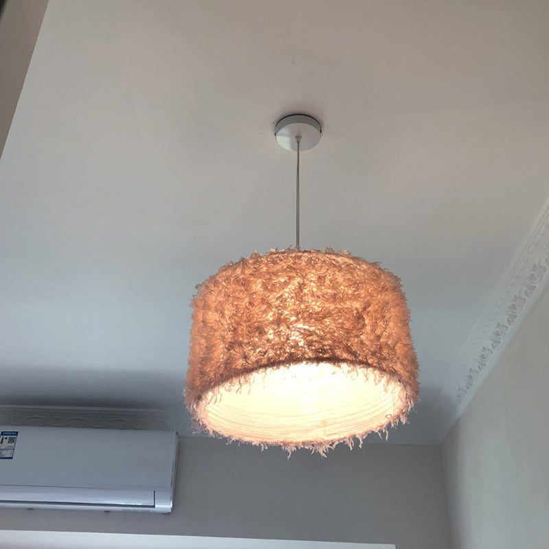 Nordic 1 Bulb Ceiling Suspension Lamp Pink/White Cylindrical/Drum Drop Pendant with Feather Shade, 5.5"/8"/14" W Clearhalo 'Ceiling Lights' 'Modern Pendants' 'Modern' 'Pendant Lights' 'Pendants' Lighting' 1986748