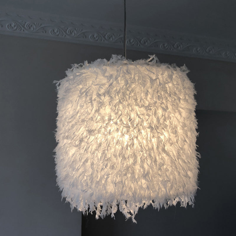 Nordic 1 Bulb Ceiling Suspension Lamp Pink/White Cylindrical/Drum Drop Pendant with Feather Shade, 5.5"/8"/14" W White Clearhalo 'Ceiling Lights' 'Modern Pendants' 'Modern' 'Pendant Lights' 'Pendants' Lighting' 1986750