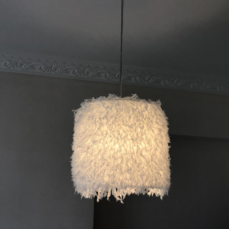 Nordic 1 Bulb Ceiling Suspension Lamp Pink/White Cylindrical/Drum Drop Pendant with Feather Shade, 5.5"/8"/14" W Clearhalo 'Ceiling Lights' 'Modern Pendants' 'Modern' 'Pendant Lights' 'Pendants' Lighting' 1986751