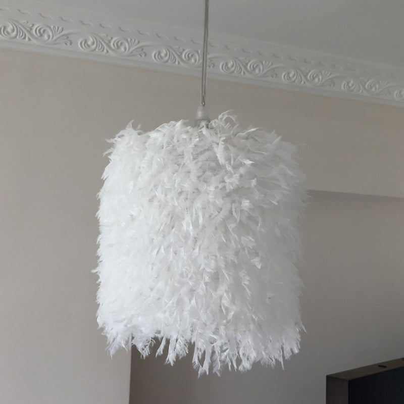 Nordic 1 Bulb Ceiling Suspension Lamp Pink/White Cylindrical/Drum Drop Pendant with Feather Shade, 5.5"/8"/14" W Clearhalo 'Ceiling Lights' 'Modern Pendants' 'Modern' 'Pendant Lights' 'Pendants' Lighting' 1986752