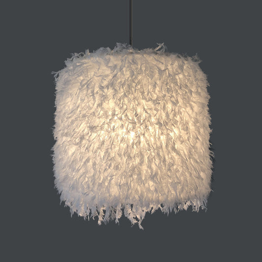 Nordic 1 Bulb Ceiling Suspension Lamp Pink/White Cylindrical/Drum Drop Pendant with Feather Shade, 5.5"/8"/14" W Clearhalo 'Ceiling Lights' 'Modern Pendants' 'Modern' 'Pendant Lights' 'Pendants' Lighting' 1986753