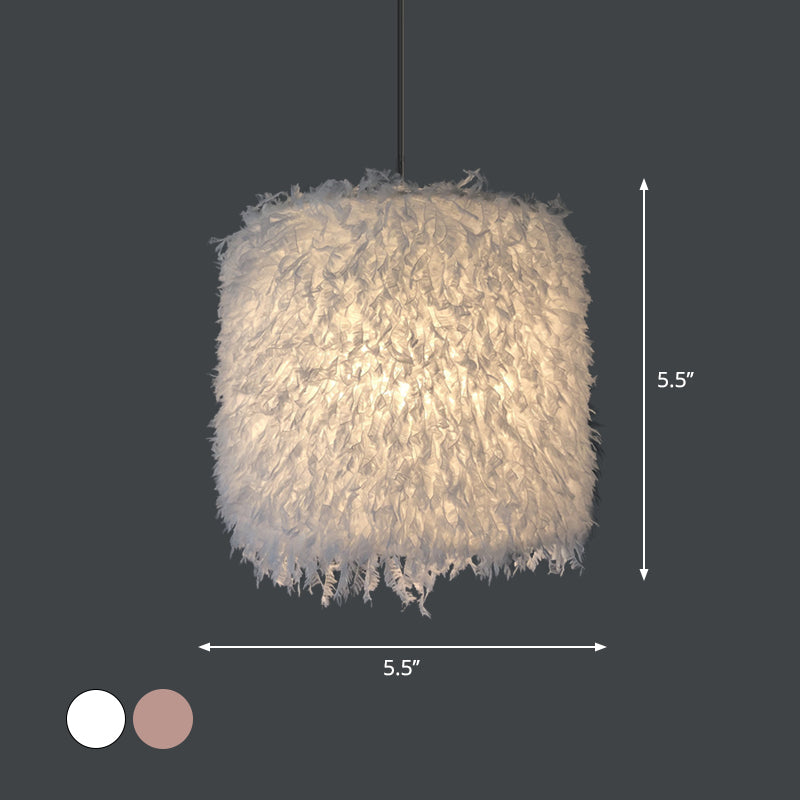 Nordic 1 Bulb Ceiling Suspension Lamp Pink/White Cylindrical/Drum Drop Pendant with Feather Shade, 5.5"/8"/14" W Clearhalo 'Ceiling Lights' 'Modern Pendants' 'Modern' 'Pendant Lights' 'Pendants' Lighting' 1986754