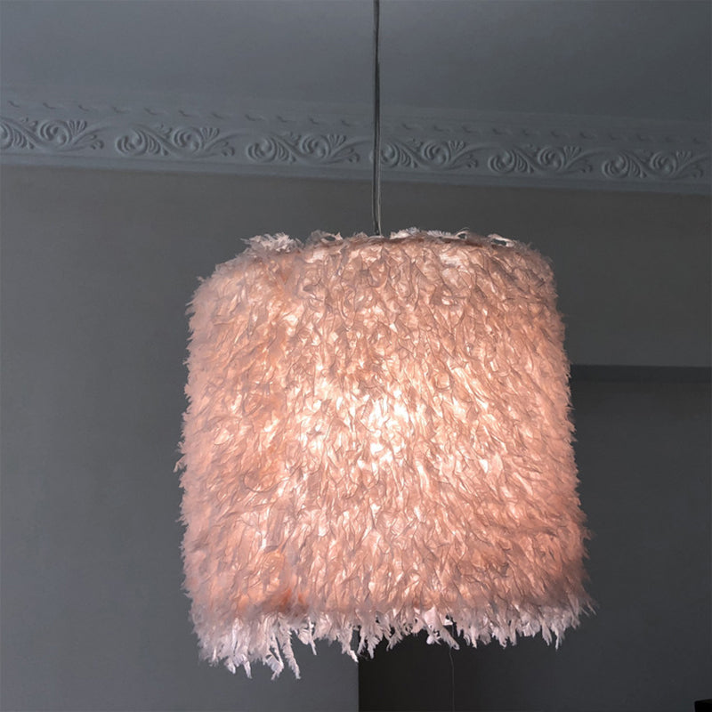 Nordic 1 Bulb Ceiling Suspension Lamp Pink/White Cylindrical/Drum Drop Pendant with Feather Shade, 5.5"/8"/14" W Pink Clearhalo 'Ceiling Lights' 'Modern Pendants' 'Modern' 'Pendant Lights' 'Pendants' Lighting' 1986756