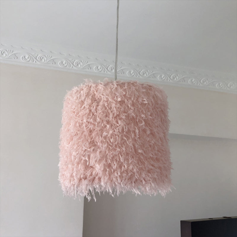 Nordic 1 Bulb Ceiling Suspension Lamp Pink/White Cylindrical/Drum Drop Pendant with Feather Shade, 5.5"/8"/14" W Clearhalo 'Ceiling Lights' 'Modern Pendants' 'Modern' 'Pendant Lights' 'Pendants' Lighting' 1986757