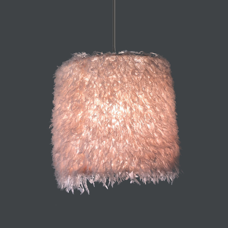 Nordic 1 Bulb Ceiling Suspension Lamp Pink/White Cylindrical/Drum Drop Pendant with Feather Shade, 5.5"/8"/14" W Clearhalo 'Ceiling Lights' 'Modern Pendants' 'Modern' 'Pendant Lights' 'Pendants' Lighting' 1986758