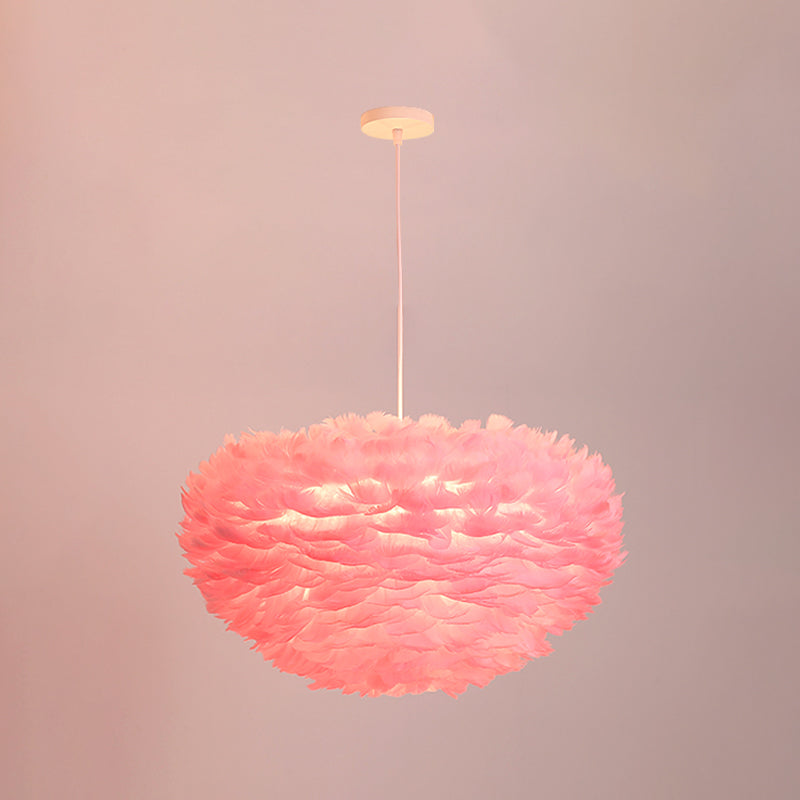 Dome Bedroom Chandelier Pendant Feather 19.5"/23.5" Wide 5 Bulbs Simple Hanging Light in Grey/White/Pink Clearhalo 'Ceiling Lights' 'Chandeliers' 'Modern Chandeliers' 'Modern' Lighting' 1986775