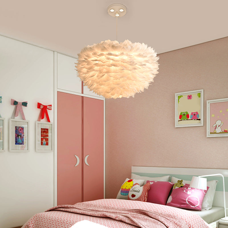 Goose Feather Drum Pendant Light Nordic 5-Light White Chandelier with Bird Deco, 16"/23.5"/31.5" Width Clearhalo 'Ceiling Lights' 'Chandeliers' 'Modern Chandeliers' 'Modern' Lighting' 1986781