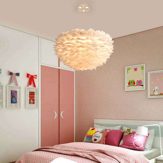 Goose Feather Drum Pendant Light Nordic 5-Light White Chandelier with Bird Deco, 16"/23.5"/31.5" Width Clearhalo 'Ceiling Lights' 'Chandeliers' 'Modern Chandeliers' 'Modern' Lighting' 1986781